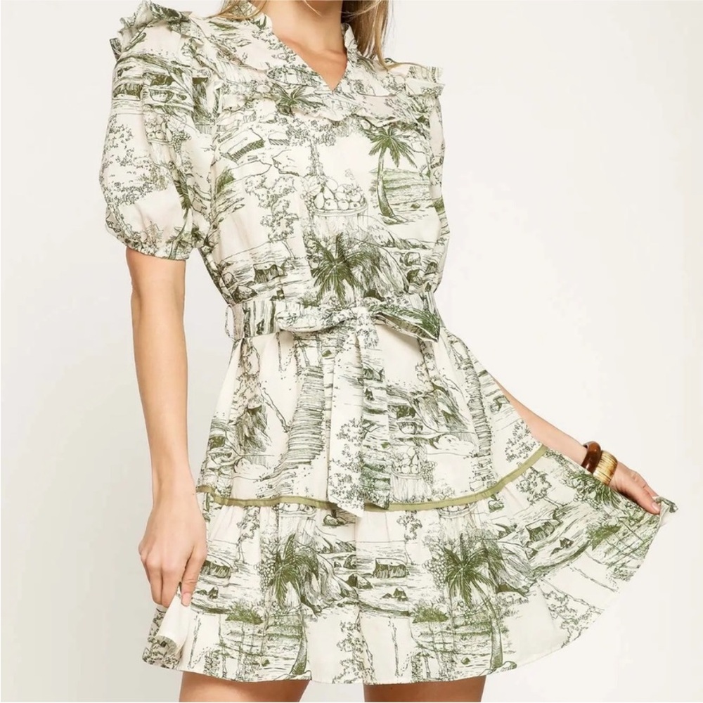 NWT Umgee Tropical Toile Puff Sleeve Dress Green White Coastal Ruffle Belted